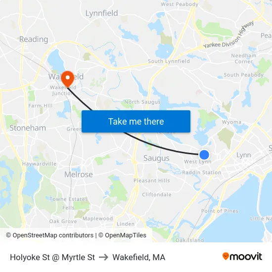 Holyoke St @ Myrtle St to Wakefield, MA map