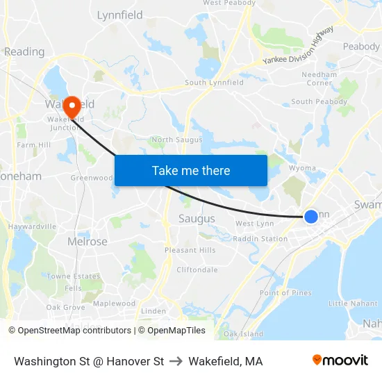 Washington St @ Hanover St to Wakefield, MA map