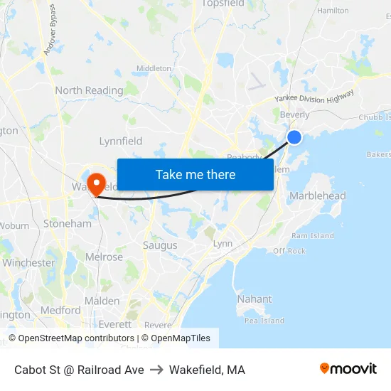 Cabot St @ Railroad Ave to Wakefield, MA map