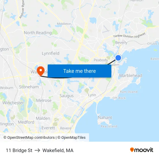 11 Bridge St to Wakefield, MA map