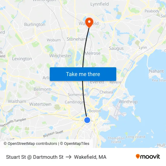Stuart St @ Dartmouth St to Wakefield, MA map