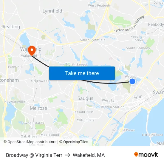 Broadway @ Virginia Terr to Wakefield, MA map