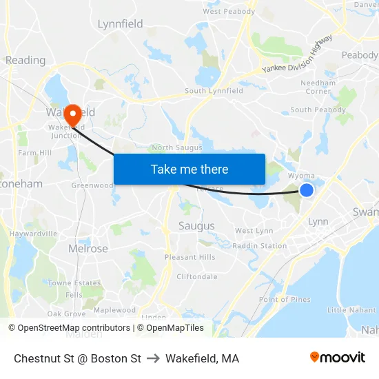 Chestnut St @ Boston St to Wakefield, MA map