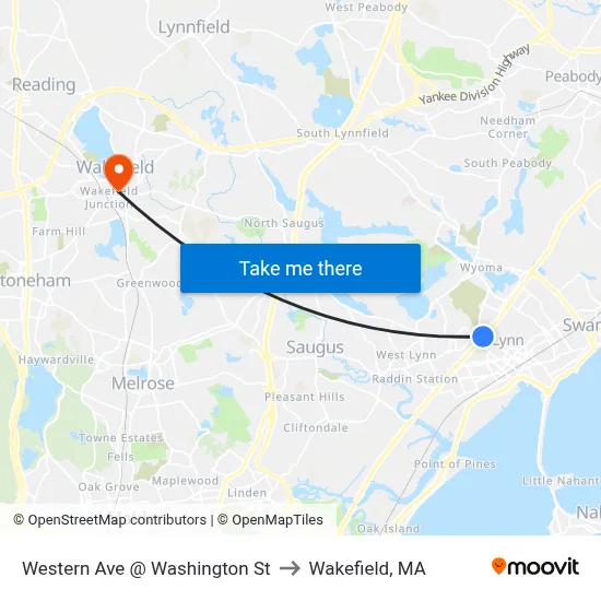 Western Ave @ Washington St to Wakefield, MA map