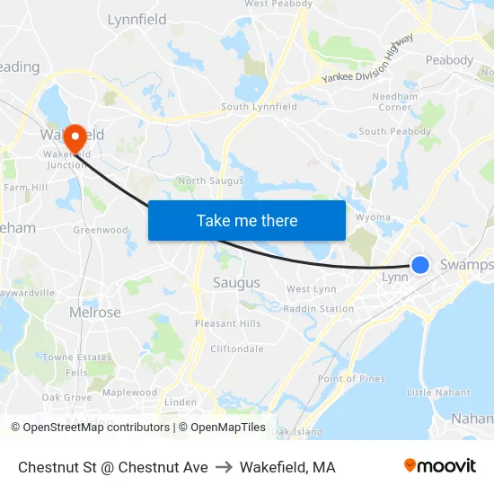 Chestnut St @ Chestnut Ave to Wakefield, MA map
