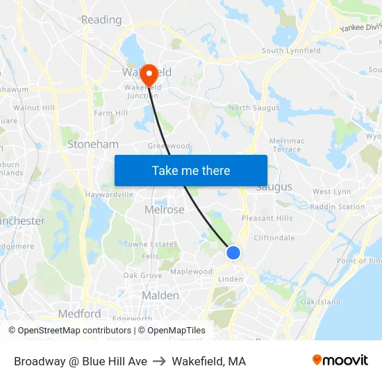 Broadway @ Blue Hill Ave to Wakefield, MA map