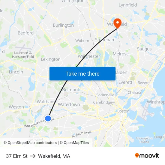 37 Elm St to Wakefield, MA map