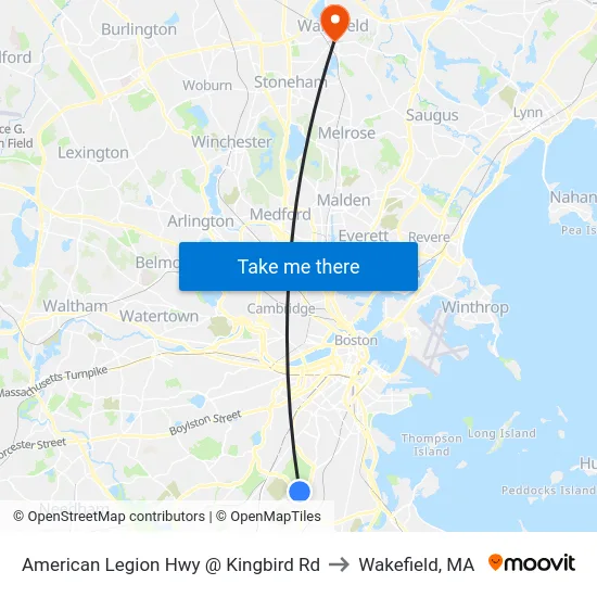 American Legion Hwy @ Kingbird Rd to Wakefield, MA map