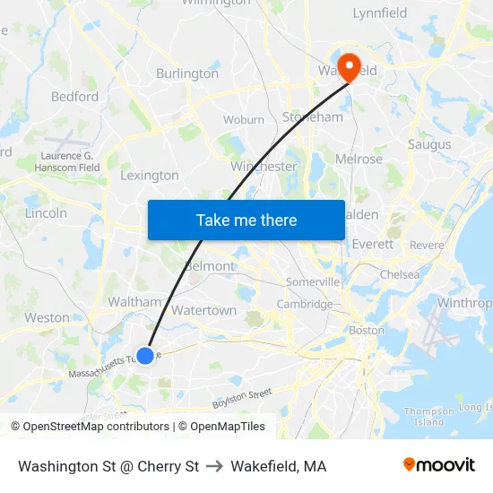 Washington St @ Cherry St to Wakefield, MA map