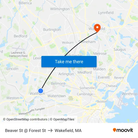 Beaver St @ Forest St to Wakefield, MA map