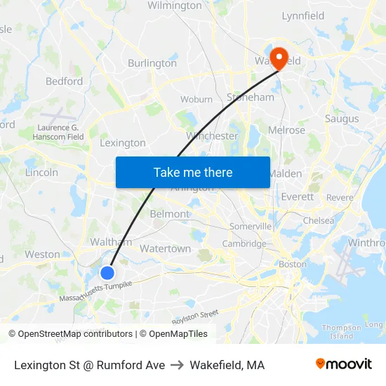 Lexington St @ Rumford Ave to Wakefield, MA map