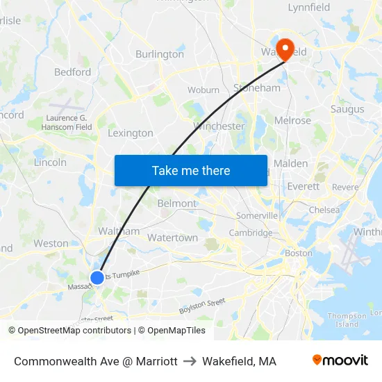 Commonwealth Ave @ Marriott to Wakefield, MA map
