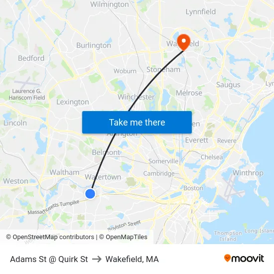 Adams St @ Quirk St to Wakefield, MA map