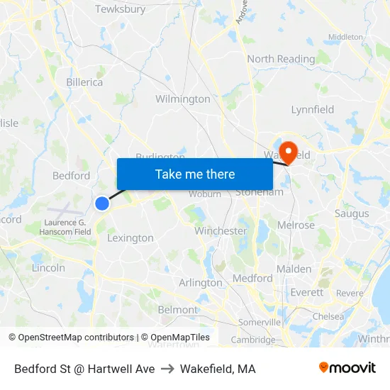 Bedford St @ Hartwell Ave to Wakefield, MA map