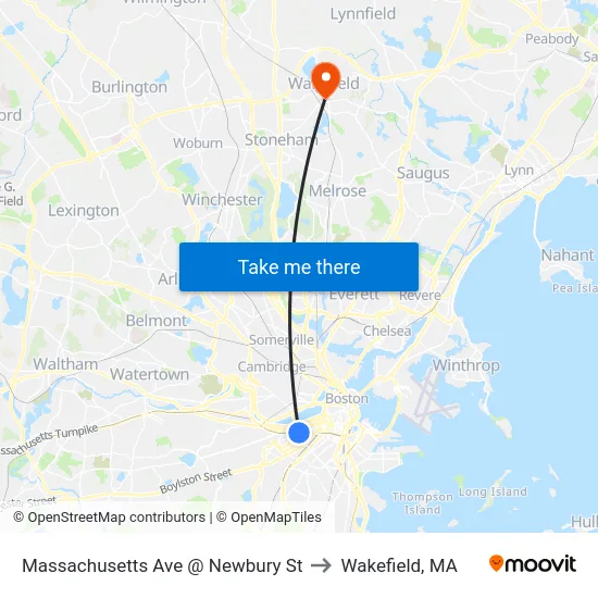 Massachusetts Ave @ Newbury St to Wakefield, MA map