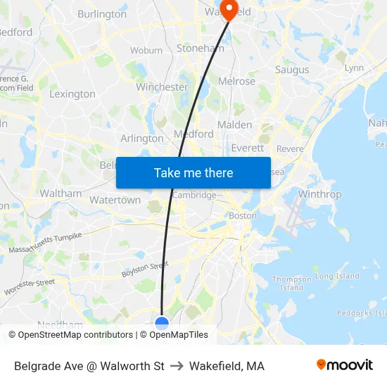Belgrade Ave @ Walworth St to Wakefield, MA map