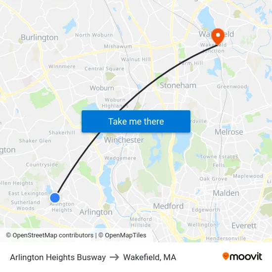 Arlington Heights Busway to Wakefield, MA map