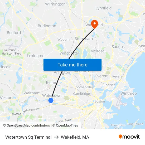 Watertown Sq Terminal to Wakefield, MA map