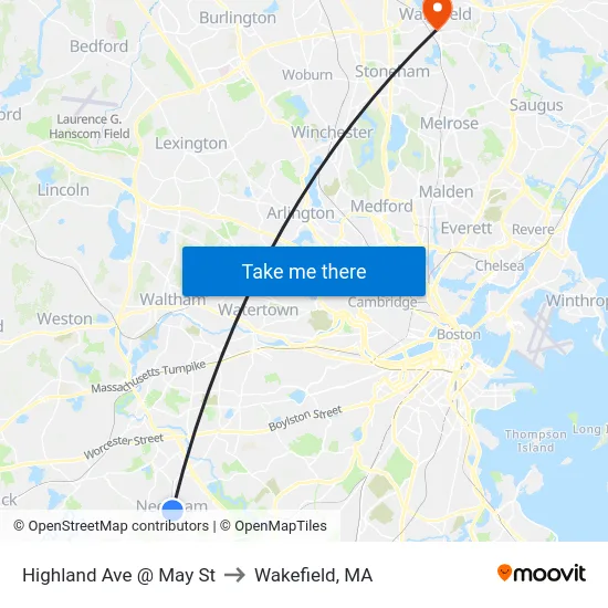 Highland Ave @ May St to Wakefield, MA map