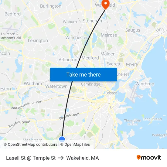 Lasell St @ Temple St to Wakefield, MA map