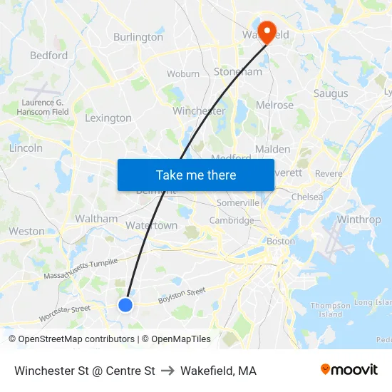 Winchester St @ Centre St to Wakefield, MA map