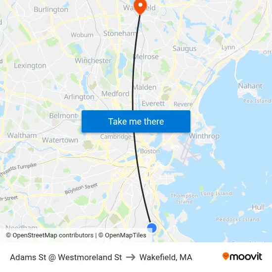 Adams St @ Westmoreland St to Wakefield, MA map