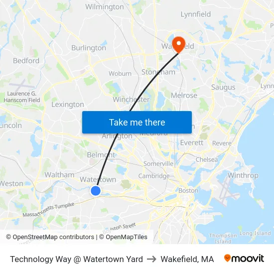 Technology Way @ Watertown Yard to Wakefield, MA map