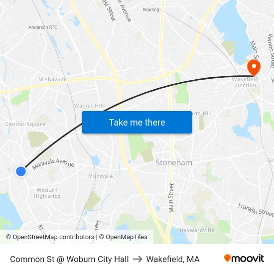 Common St @ Woburn City Hall to Wakefield, MA map