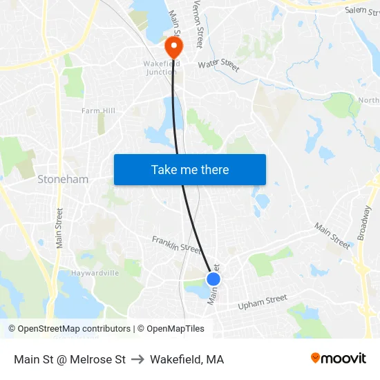 Main St @ Melrose St to Wakefield, MA map