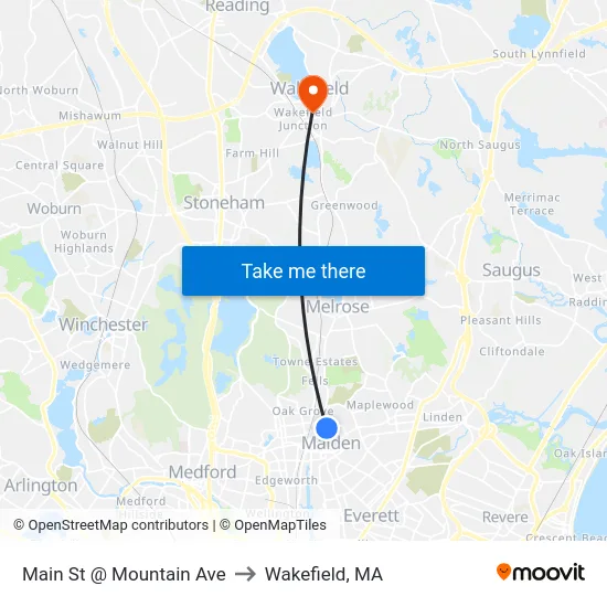 Main St @ Mountain Ave to Wakefield, MA map