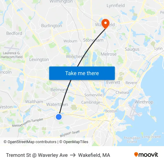 Tremont St @ Waverley Ave to Wakefield, MA map