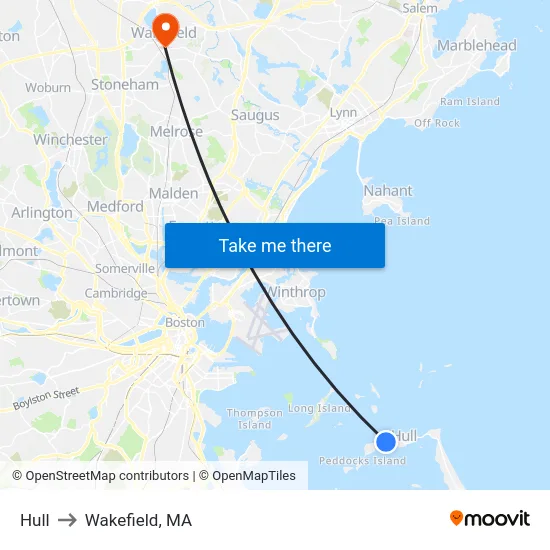 Hull to Wakefield, MA map
