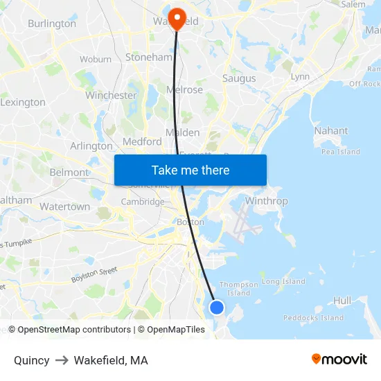 Quincy to Wakefield, MA map