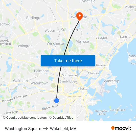 Washington Square to Wakefield, MA map