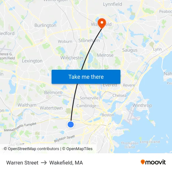 Warren Street to Wakefield, MA map
