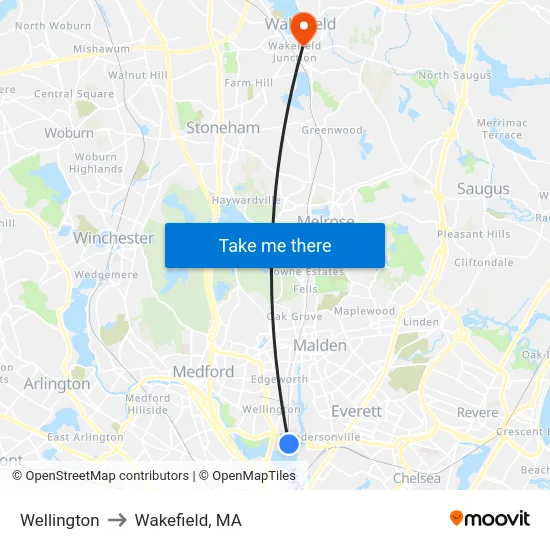 Wellington to Wakefield, MA map