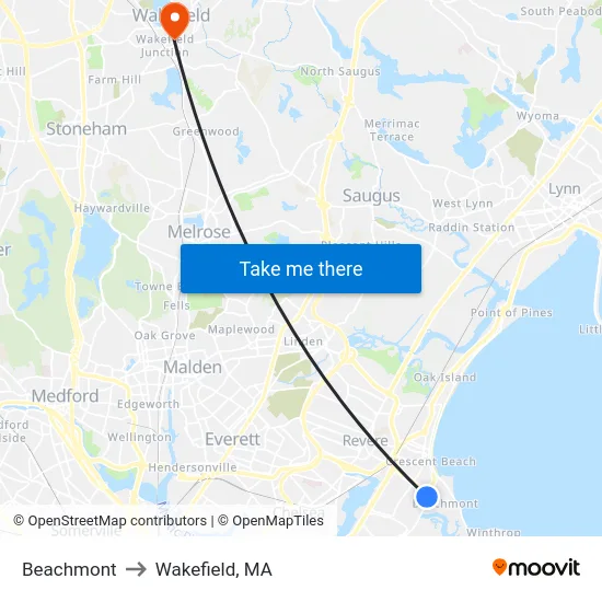 Beachmont to Wakefield, MA map