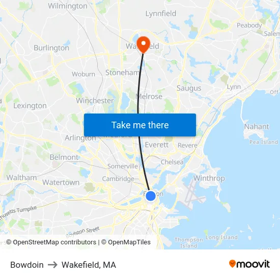 Bowdoin to Wakefield, MA map