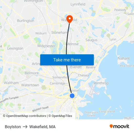 Boylston to Wakefield, MA map