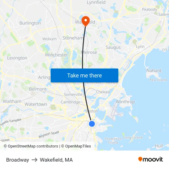 Broadway to Wakefield, MA map