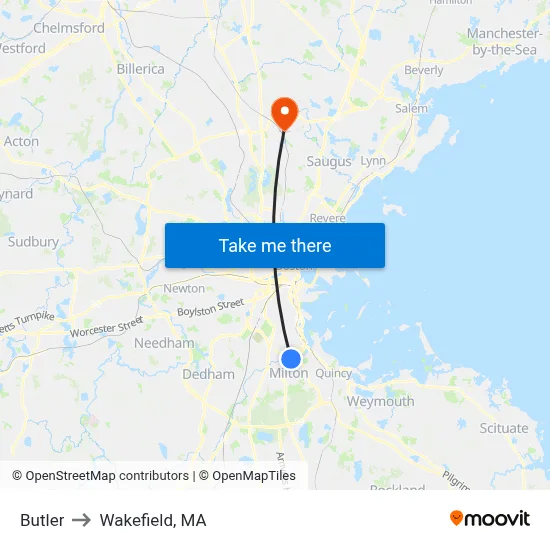 Butler to Wakefield, MA map