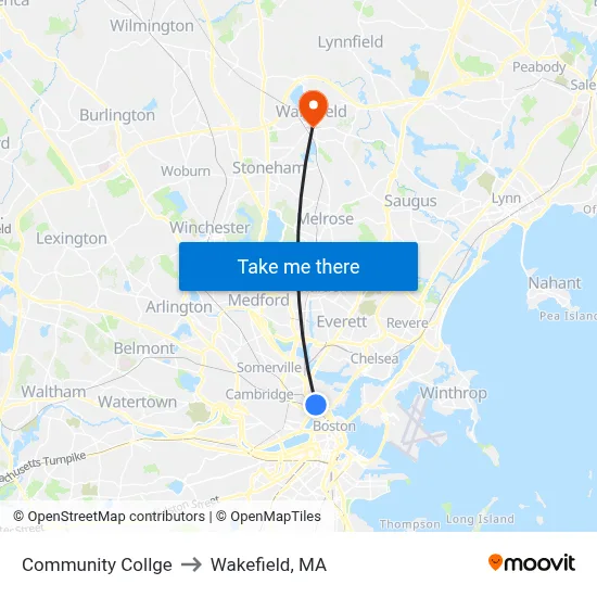 Community Collge to Wakefield, MA map