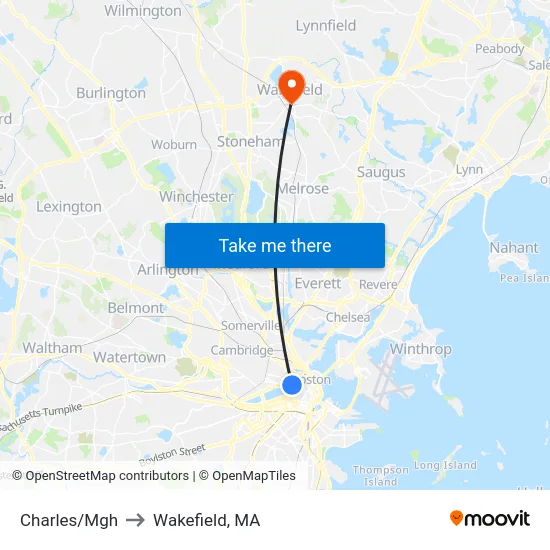Charles/Mgh to Wakefield, MA map