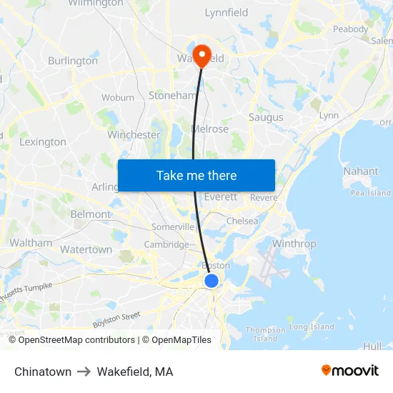 Chinatown to Wakefield, MA map