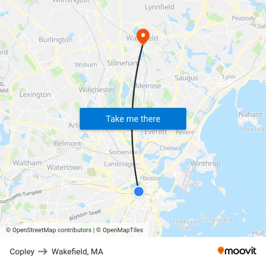 Copley to Wakefield, MA map