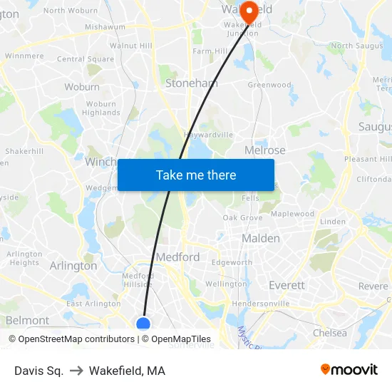 Davis Sq. to Wakefield, MA map