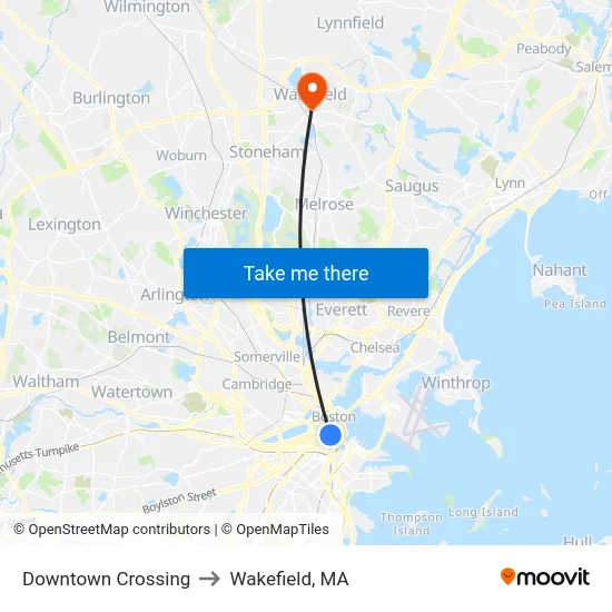 Downtown Crossing to Wakefield, MA map