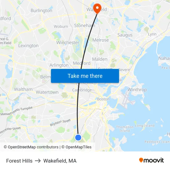 Forest Hills to Wakefield, MA map