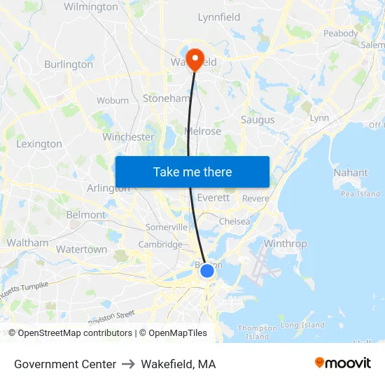 Government Center to Wakefield, MA map