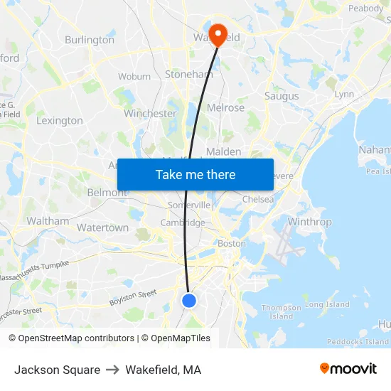 Jackson Square to Wakefield, MA map
